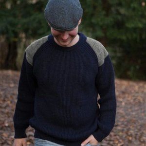 New Men's British Wool Tweed Patch Sweater Navy (Made in England)